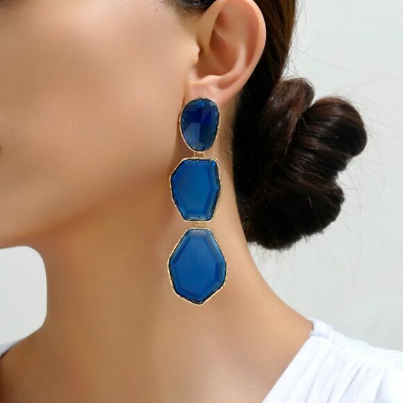 Private Label Jewelry - NEW Chandler Cobalt Blue and Gold Irregular Gem Drop Statement Earrings